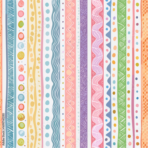 Hand drawn whimsical seamless pattern with different vertical lines. Textured organic vertical brush strokes, zigzags, curved lines and dots.
