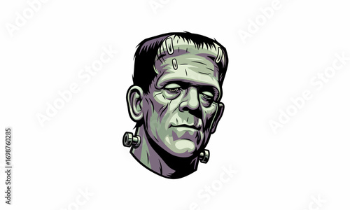 Detailed Illustration of Frankensteins Monster Head with Stitched Neck Bolts and Expression.