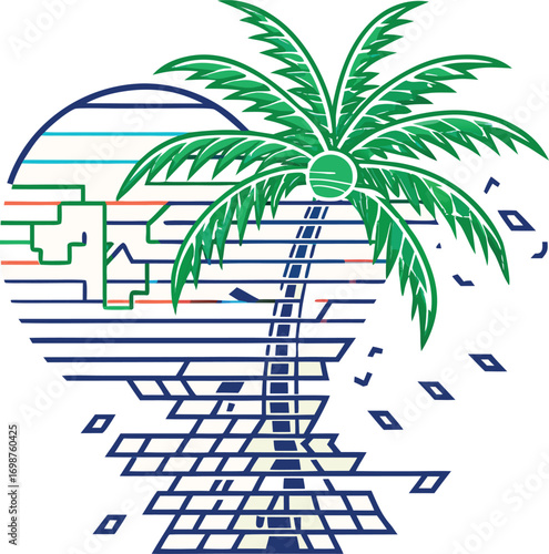 Glitched Palm Tree and Sunset Reflection on Water Design Keywords: palm tree, sunset, ocean