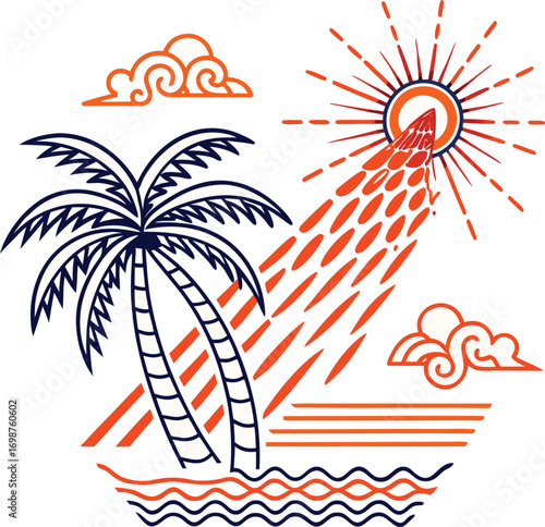 Palm Tree and Sun with Orange Rays and Clouds on Black Background Keywords: palm tree, sun, rays
