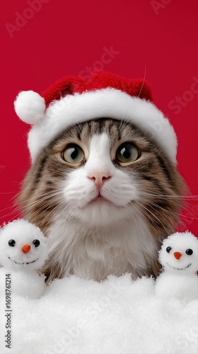 Festive cat wearing santa hat surrounded by snowman decorations on red background