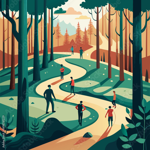 Vector illustration of a winding forest hiking trail with people enjoying nature