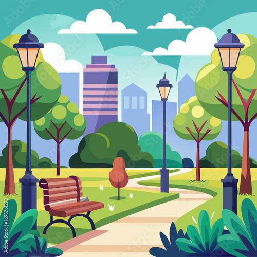 Urban park trees illustration scalable vector graphic city scene buildings nature landscape