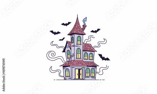 Enchanting Cartoon Haunted House with Bats and Smoke.
