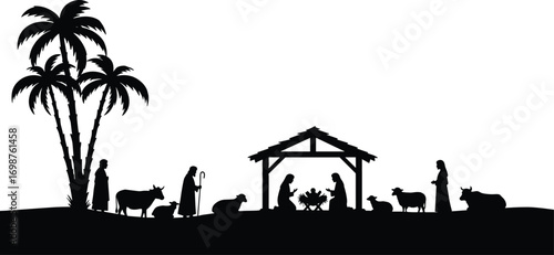 Nativity scene silhouette with baby Jesus in manger, Mary, Joseph, shepherds, animals, and palm trees, traditional Christmas illustration