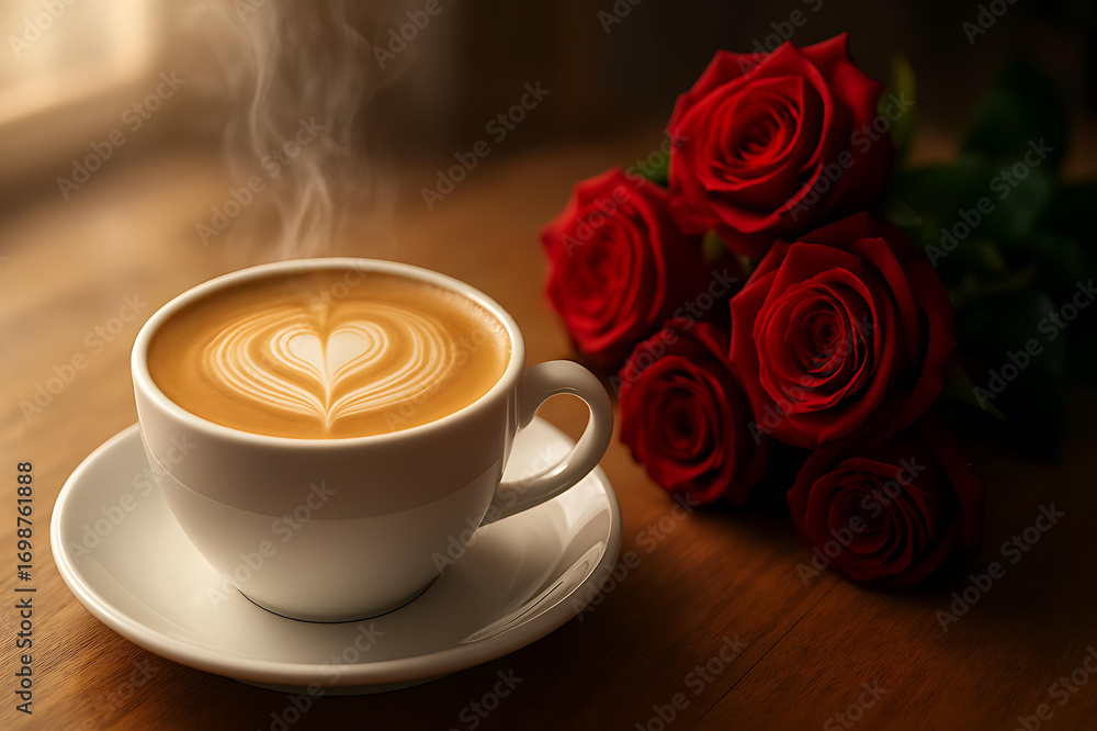 Obraz premium Romantic latte coffee served with fresh blooming rose bouquet