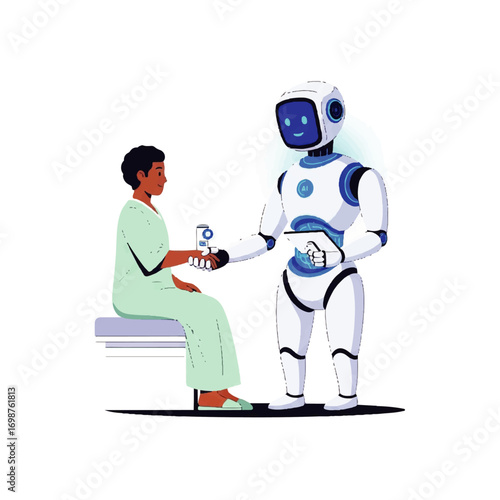 AI healthcare robot assisting a patient with a medical device, symbolizing futuristic medical technology and patient care