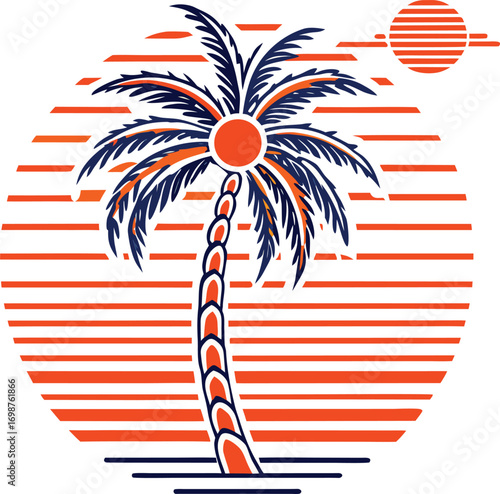 Retro Palm Tree Sunset with Sun and Horizontal Lines Illustration Keywords: palm tree, sunset, retro