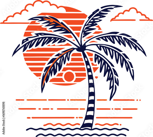 Palm Tree Sunset Silhouette with Stylized Clouds and Waves Keywords: palm tree, sunset, silhouette