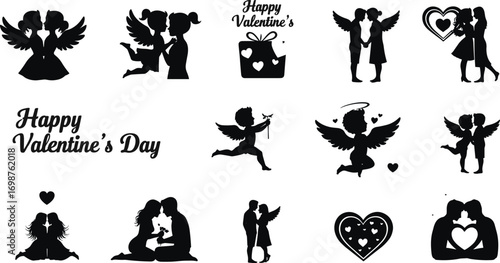 Valentine's Day silhouette vector, romantic couples, Cupid with hearts, love icons, holiday gift, celebration clipart, romantic symbols design pack.