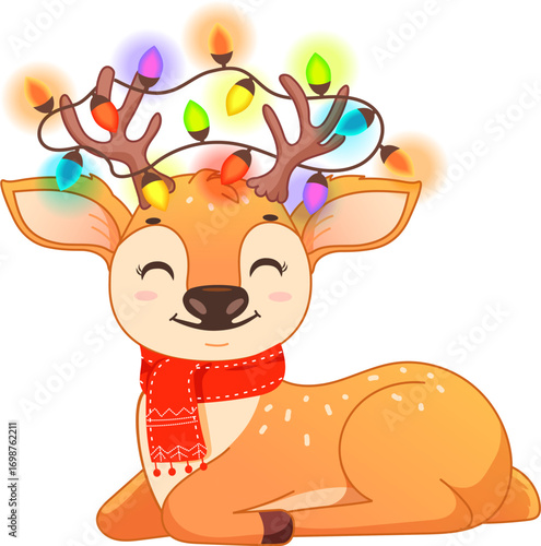 Cute reindeer with Christmas lights on antlers, vector illustration in festive colors