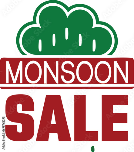 Bold monsoon sale text appears beneath a green cloud like design on white