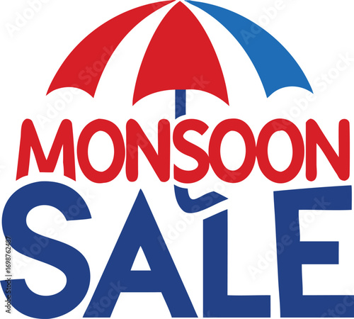 A partly red and partly blue umbrella above the big word monsoon sale