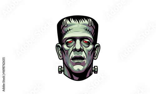 Frankensteins Monster Head - Green Skin, Bolts, and Stitched Forehead Detail.