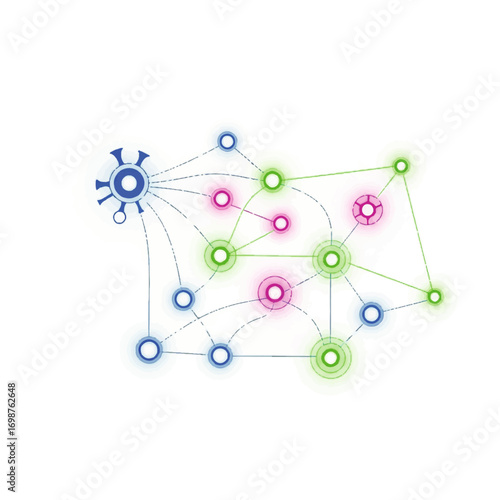 Scientific visualization of a viral infection spreading through a network of connected nodes on a white background