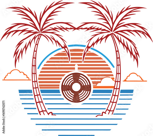 Retro Sunset Palm Trees and Vinyl Record Ocean Design Keywords: palm trees, sunset, ocean, vinyl