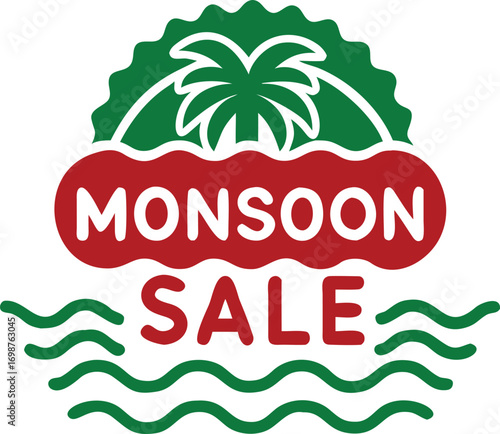 Bold monsoon sale advertisement features palm tree, stylized water waves, and red text