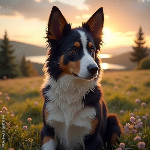 Border Collie, Border Collie dog sitting on the green grass during sunset, looking thoughtfully, sunlight falling on him making him more clear and beautiful, close-up, natural background