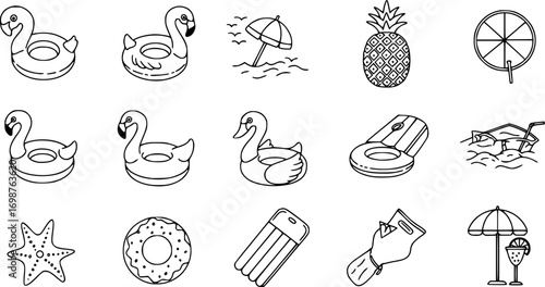 Summer pool float icon. Thin line editable stroke illustration for vacation, leisure, relaxation, inflatable flamingo, swimming and sunny holidays
