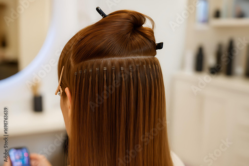 Beautiful woman flaunting long hair after salon hair extension service