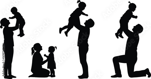 Silhouette of loving parents playing and bonding with young children, family togetherness, parent-child interaction, joy, and nurturing moments