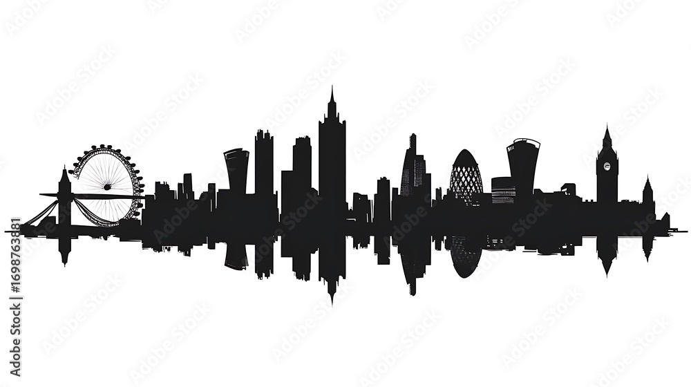 Naklejka premium Iconic london skyline silhouette with famous landmarks reflected in water