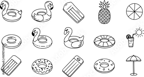 Summer pool float icon. Thin line editable stroke illustration for vacation, leisure, relaxation, inflatable flamingo, swimming and sunny holidays
