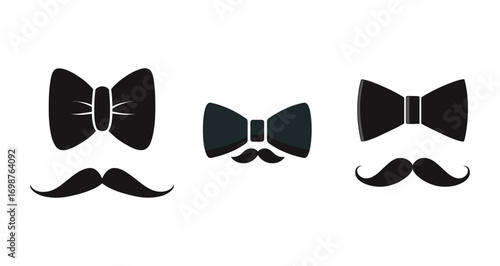 Three distinct black bow ties and moustaches are presented in a stylized collection, perfect for Movember awareness and classic men's fashion.