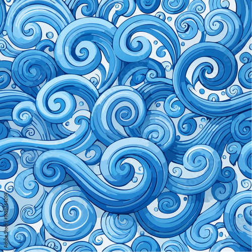 Blue seamless pattern with bold brush drawn spirals, swirls and thick doodle lines.
