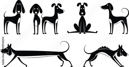Stylized dog breed vector illustration set with unique poses, minimalistic design, creative cartoon style, playful pet animal artwork collection