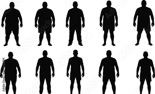 Silhouettes of diverse male body shapes and postures in two rows, fitness, health, anatomy, fashion, design, vector illustration set