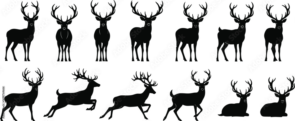 Fototapeta premium Silhouette deer collection with antlers in various poses including standing, running, leaping, and resting for wildlife, hunting, and nature themes