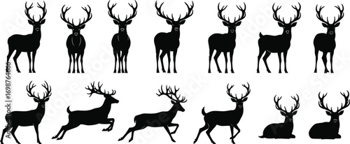 Silhouette deer collection with antlers in various poses including standing, running, leaping, and resting for wildlife, hunting, and nature themes