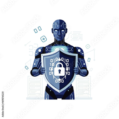 Cybersecurity concept with a blue android holding a shield with a padlock, symbolizing digital information and network protection by artificial intelligence