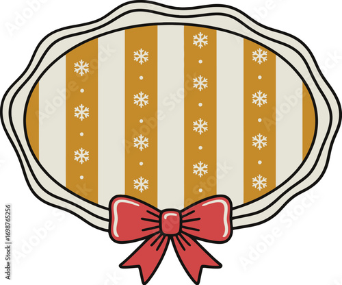 Christmas Frame, Festive Label Design, Holiday Gift Tag, Winter Striped Badge, Gold & Red Bow Decoration