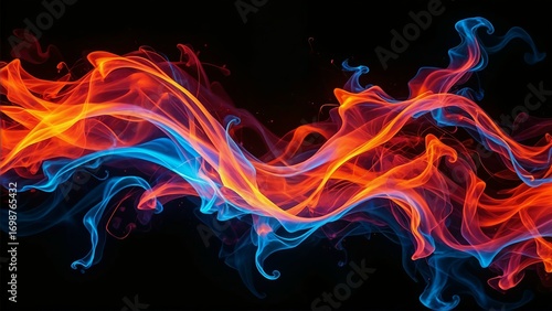 A vibrant digital artwork depicting multicolored flames flowing across a dark background. The fiery wave blends blue, pink, orange, and red, creating a powerful sense of motion and energy. This abstra