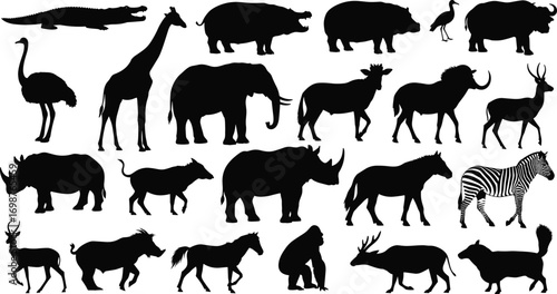 Silhouette collection of African wildlife animals including giraffe, elephant, zebra, rhino, hippo, crocodile, ostrich, antelope, gorilla, heron, nature