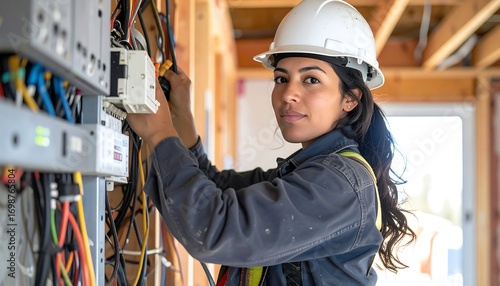 Woman electrician working on electrical panel in a new home