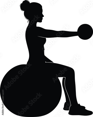 Silhouette of Woman Exercising with Dumbbell on Fitness Ball, Strength Training Pose, Gym Workout, Balance Ball Exercise, Healthy Lifestyle Concept