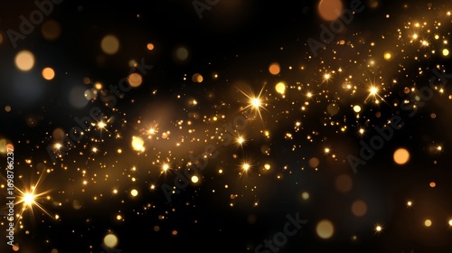 Golden light beams illuminating sparkling stars on black background