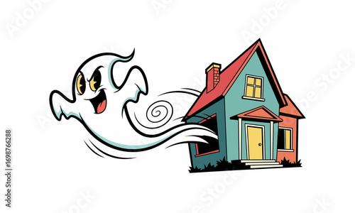 Playful cartoon ghost with yellow eyes and open mouth flying from a vibrant blue and red house, whimsical illustration.