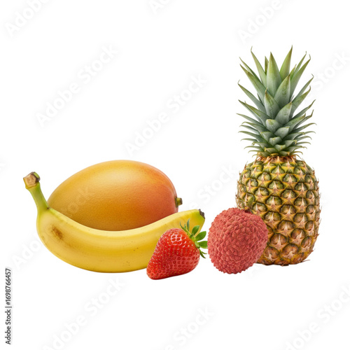 Assortment of fresh tropical fruits isolated on transparent background