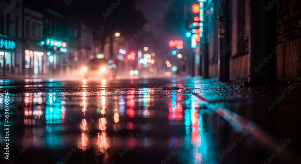 Obraz premium Rainy city street at night with vibrant neon lights reflecting on wet pavement, creating a moody, atmospheric urban scene.