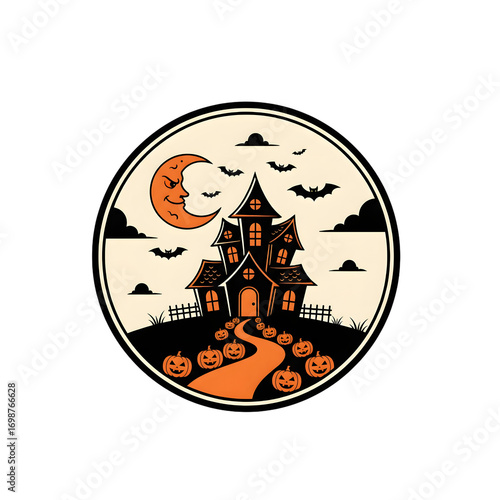 Creepy haunted manor illustration in a retro cartoon style with a pumpkin path under a smiling crescent moon and bats halloween t shirt design