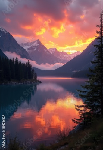 Majestic Mountains Under Dramatic Sunset Skies Capturing Epic Landscape Serenity and Nature's Breathtaking Beauty