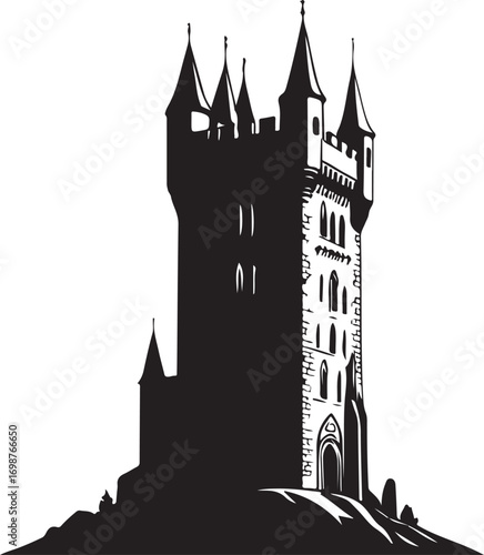 Black silhouette of a medieval castle tower on a hill