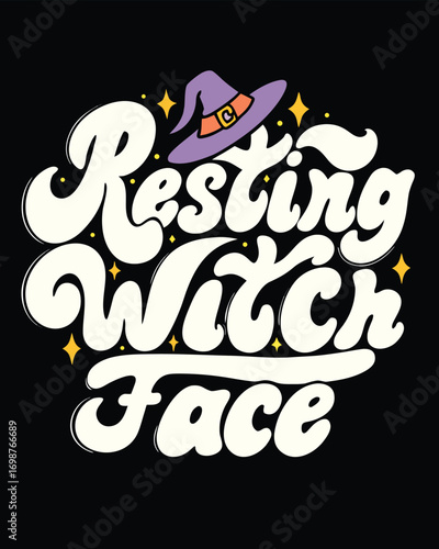 Resting Witch Face Halloween T-shirt Design with Cartoon Witch Hat and Sparkles