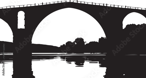Black silhouette of an arched stone bridge over water