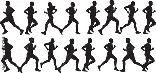 Black silhouettes of men and women running in two rows