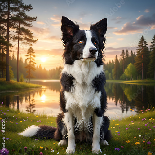 Border Collie, Border Collie dog sitting on the green grass during sunset, looking thoughtfully, sunlight falling on him making him more clear and beautiful, close-up, natural background